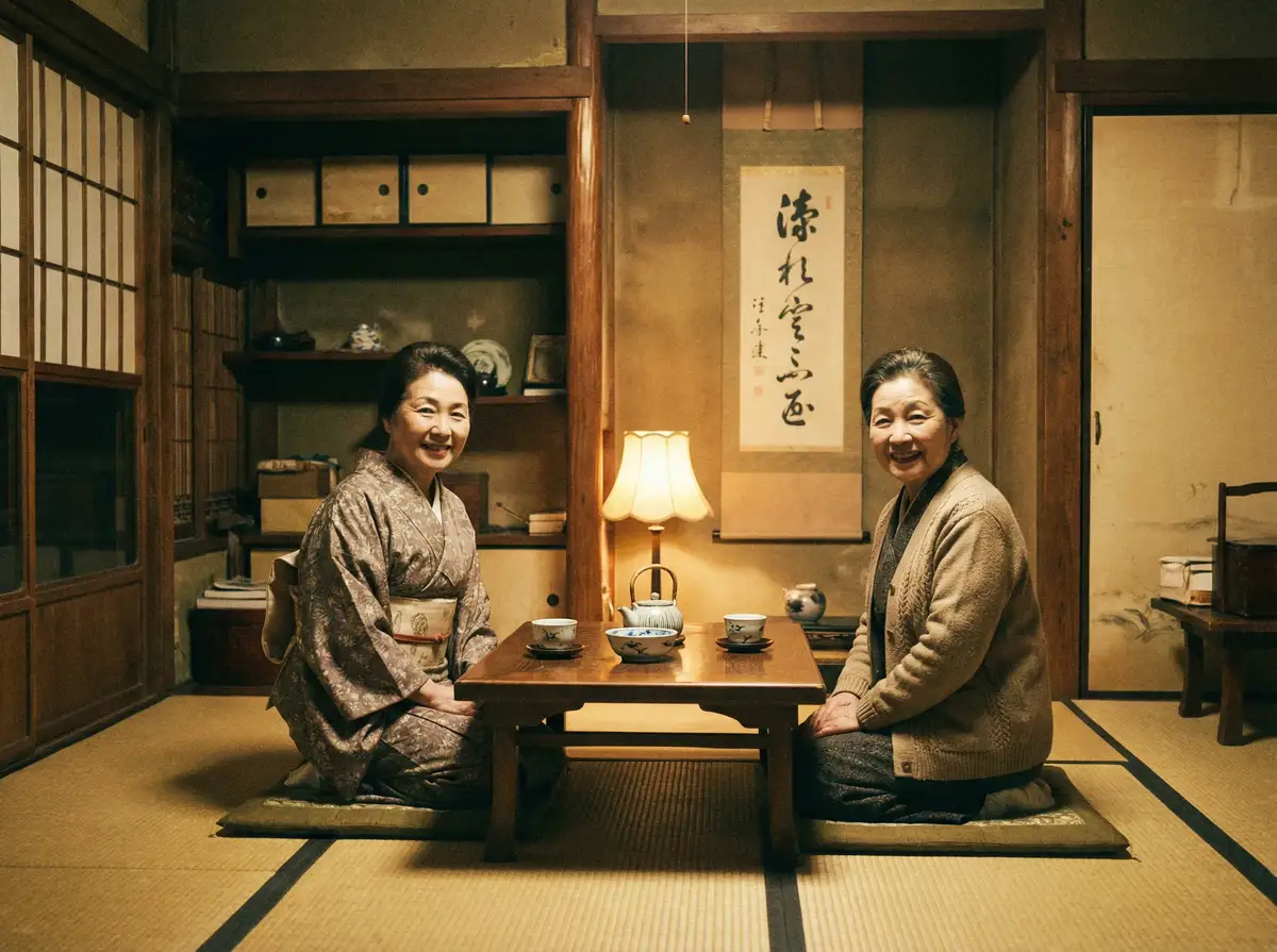 两位优雅的 有马芳彦 在日式茶室中品茶交谈